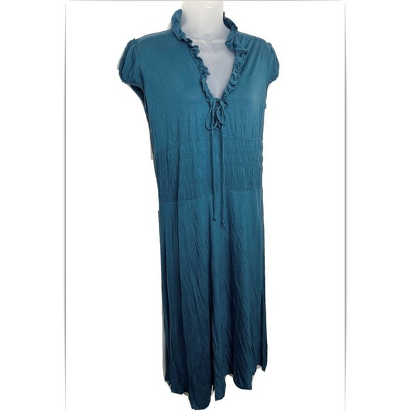 Bcbg Paris Peasant Dress Teal Ruffle V-Neck Stretch Jersey‎ Smocked Cap Sleeves - Picture 1 of 6